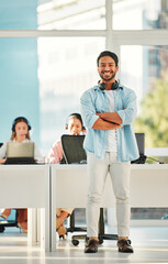 Poster - Happy asian man, portrait and call center with arms crossed in customer service, management or leadership at office. Male person, consultant or agent manager smile in confidence, contact us or help