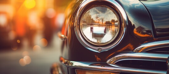 Vintage car with vintage filter effect on headlight lamp With copyspace for text