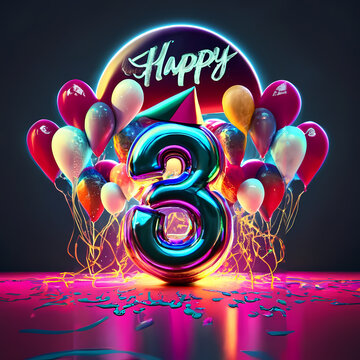 Happy 3Rd - A Number Three With Balloons