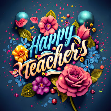 Happy Teachers Day - A Colorful Text With Flowers And Leaves