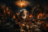 Fototapeta  - Cheerful emotional Santa Claus with a gifts in hands in his workshop. Christmas fairytale