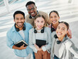 © Rene L/peopleimages.com - Business people, portrait and telemarketing team smile in office building for meeting or planning from above. Face, smile and top view of call center group excited for training, coaching or first day