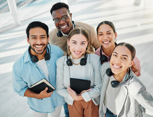 Fototapete - Business people, portrait and telemarketing team smile in office building for meeting or planning from above. Face, smile and top view of call center group excited for training, coaching or first day