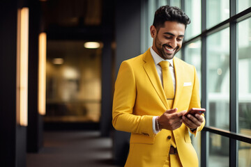 Wall Mural - Young indian businessman using smartphone.