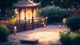 Photo of temple garden, sunset, temple, garden, flowers, golden hour, light bokeh, intricate, sharp focus, soft lighting, vibrant colors, masterpiece