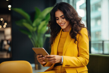 Sticker - Young indian businesswoman using digital tab at modern office