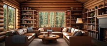 Wood ceiling in log cabin living room With copyspace for text