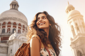 Wall Mural - Attractive young female tourist looking city, smiling and enjoying