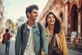 Fototapeta  - Young tourist couple walking together on city street.