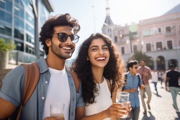 Wall Mural - Young tourist couple walking together on city street.