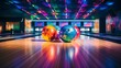 Bowling balls in neon colors rolling down a glossy wooden lane