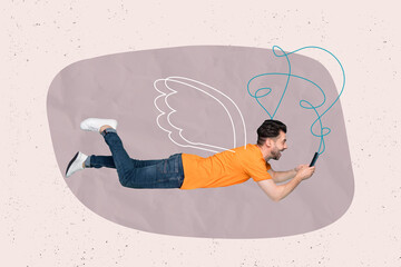 Wall Mural - Creative collage image of positive carefree guy painted wings flying use smart phone connection head isolated on drawing background