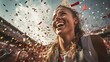 Happy female footballer celebrating victory with confetti on green field