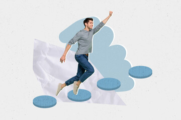 Aufkleber - Composite creative 3d photo collage of active motivated man raising fist up climb up on career ladder isolated on drawing background