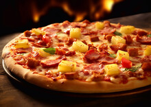 Oven Baked Hawaiian Pizza With Ham And Pineapples On Wooden Table.Macro.AI Generative