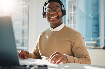 Poster - Customer service, call center and portrait of African man on laptop for consulting, contact and online help. Telemarketing, communication and happy worker smile for CRM business, service and sales