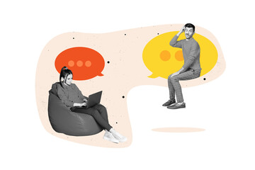 Poster - Collage picture of two mini black white colors people sit beanbag use netbook brainstorming scratch head dialogue bubble