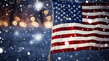 An American Flag Flying On A Rope In A Snowy Landscape On Christmas Eve. Half Copy Space.