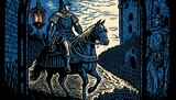 Fototapeta  - woodcut 15th century knight in full plate gothic armor next to warhorse outside of a large gate on a mediaeval wooden fortress at with night torches burning men guard the ramparts 
