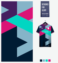 Soccer Jersey Pattern Design. Geometric Pattern On Blue Background For Soccer Kit, Football Kit, Sports Uniform. T Shirt Mockup Template. Fabric Pattern. Abstract Background. 