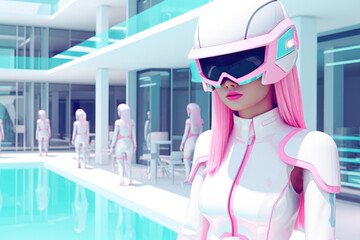 Poster - Futuristic looking asian woman with helmet standing near swimming pool
