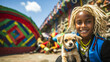 Moving depiction of a brave young girl in vibrant traditional attire, engaging playfully with a resilient stray dog amidst bustling local market and vivid street mural backdrop.