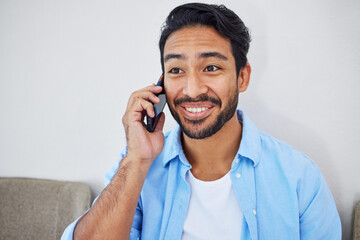 Poster - Phone call, waiting and man in the office for recruitment meeting with human resources for hiring. Discussion, professional and person on mobile conversation with cellphone sitting for job interview.