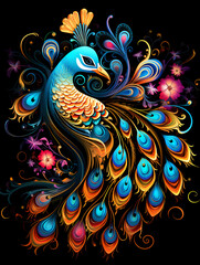  A Colorful Peacock With Flowers