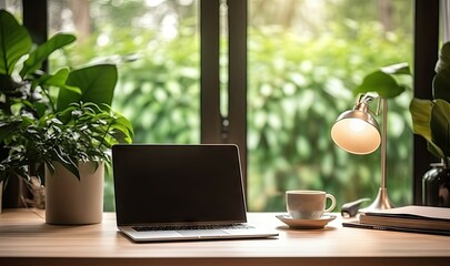 Poster - elevate workspace. modern laptop and coffee in home office. productive morning in stylish office. pr