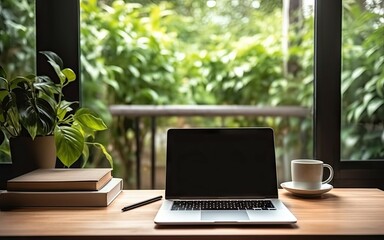 Poster - elevate workspace. modern laptop and coffee in home office. productive morning in stylish office. pr