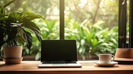 Poster - elevate workspace. modern laptop and coffee in home office. productive morning in stylish office. pr