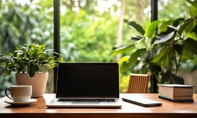 Poster - elevate workspace. modern laptop and coffee in home office. productive morning in stylish office. pr