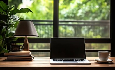 Poster - elevate workspace. modern laptop and coffee in home office. productive morning in stylish office. pr