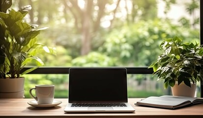 Poster - elevate workspace. modern laptop and coffee in home office. productive morning in stylish office. pr