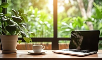 Poster - elevate workspace. modern laptop and coffee in home office. productive morning in stylish office. pr
