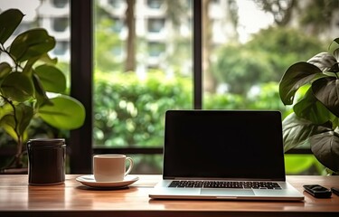 Poster - elevate workspace. modern laptop and coffee in home office. productive morning in stylish office. pr
