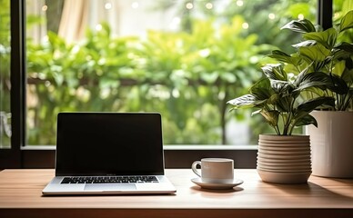 Poster - elevate workspace. modern laptop and coffee in home office. productive morning in stylish office. pr