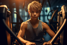 Active Teenage Boy Working Out On Exercise Machine To Build Bigger Muscles, Chest And Shoulders At Gym.