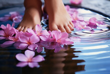 Closeup View Of Woman Soaking Her Feet In Water With Flowers. Spa Treatment For Female Feet.