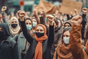 Muslim woman wearing protective face mask and supporting anti-racism movement with group of people on city streets.