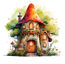 Watercolor Orange Mushroom House, Fantasy House Illustration. Generative AI, Png Image