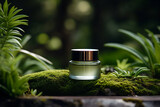 Green cosmetics, jar of cosmetic moisturizer cream on nature background. Organic natural ingredients beauty product among green plants. Skin care, beauty and spa product presentation, copy space.