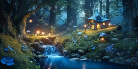 Wall Mural - a small fairy tale house in dark fantasy forest, illuminated miniature woodland cottage made by gnom