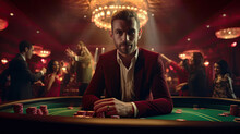 A Happy Male Croupier At The Casino At The Table In Casino. Gambling, Poker.
