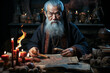 Mystical elderly man preparing a spiritual ritual among ancient books and burning incense.