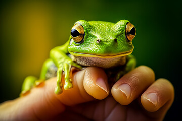 Wall Mural - A frog on a person's finger.