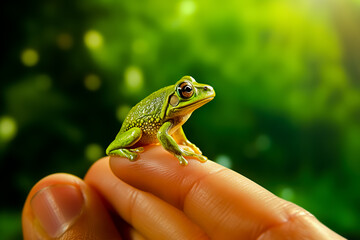 Wall Mural - A frog on a person's finger.