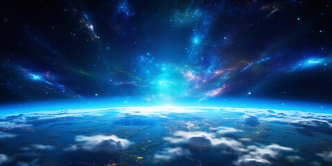 panoramic view on planet earth globe from space with rising sun. glowing city lights, light clouds. 