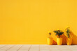 Yellow background, smooth wall, flower pot, 3 pieces of sunlight