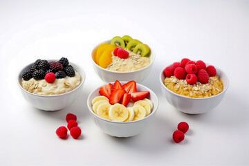 Sticker - Bowls of oatmeal with berries and fruits on white background.